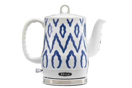 Bella white and blue ceramic kettle.